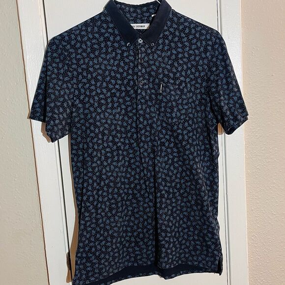 Men’s Ben Sherman Polo Collared Navy Blue Paisley Print Shirt SZ L 100% Cottton - Picture 2 of 7